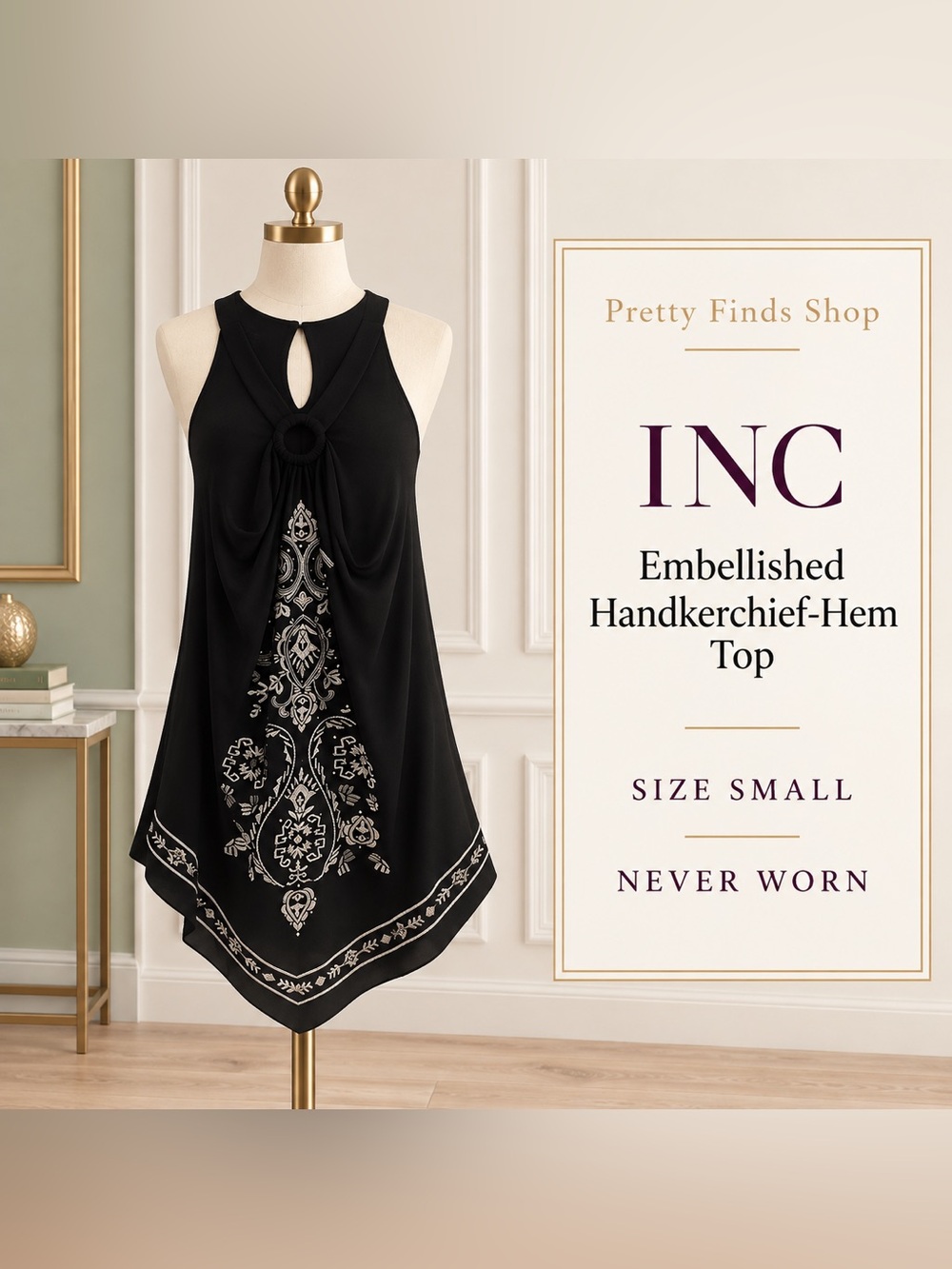 INC Black Embellished Handkerchief-Hem Top S